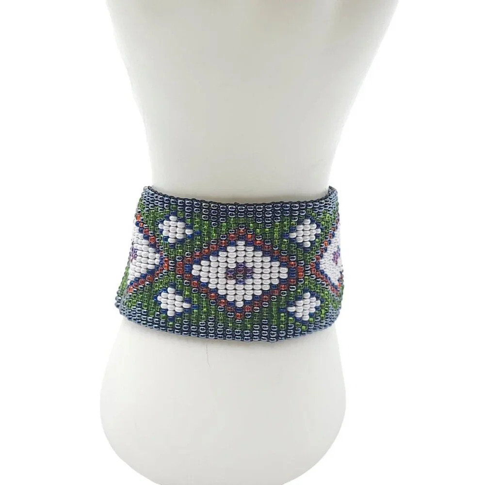 Multicolor Seed Beaded Handmade Cuff Bangle Bracelet Vintage 7.75 in